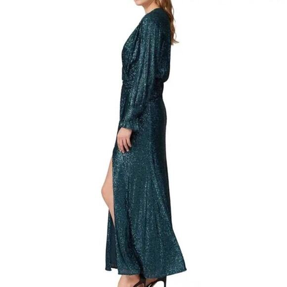 JONATHAN SIMKHAI Sequin Embroidered Long Sleeve Draped Front Marine Gown Size 2 - Picture 2 of 14